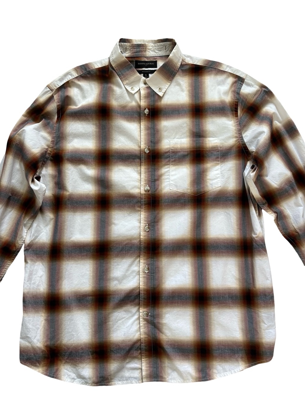 Banana Republic Men's White and Brown Plaid Button-Down Shirt